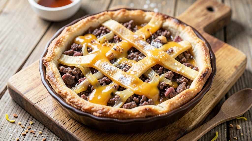 Beef and Cheddar Pie Recipe: Flaky Crust Envelops Savory Meat and Melted Cheese Rivers