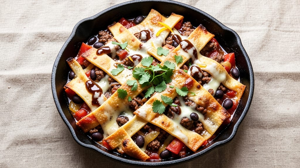 Beef and Bean Enchilada Casserole Recipe: Crispy Tortilla Crowns Over Spiced Cheese Rivers