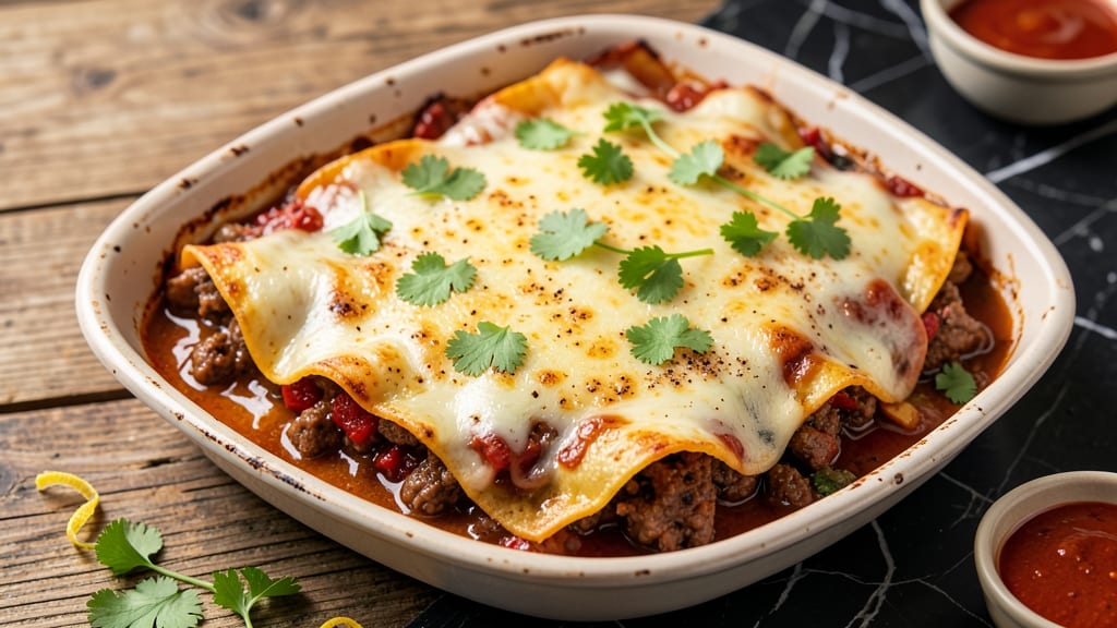 Authentic Beef Enchilada Casserole Recipe: Crispy Tortilla Crowns Over Spiced Beef Cheese Rivers
