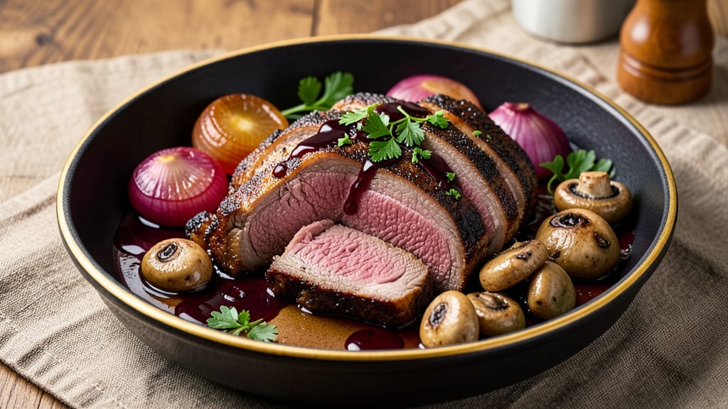 Beef and Brandy Recipe: Deep-Red Wine Braise With Caramelized Onions and Mushrooms