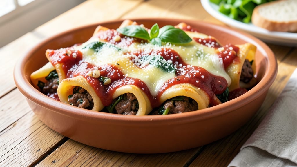 Beef and Spinach Manicotti Recipe: Cheesy Layers With Wilted Greens Inside