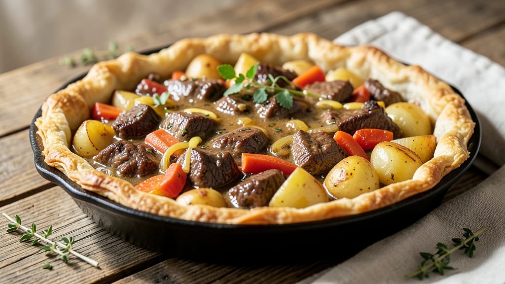 Beef and Veg Pie Recipe: Flaky Pastry Over Savory Meat and Root Filling