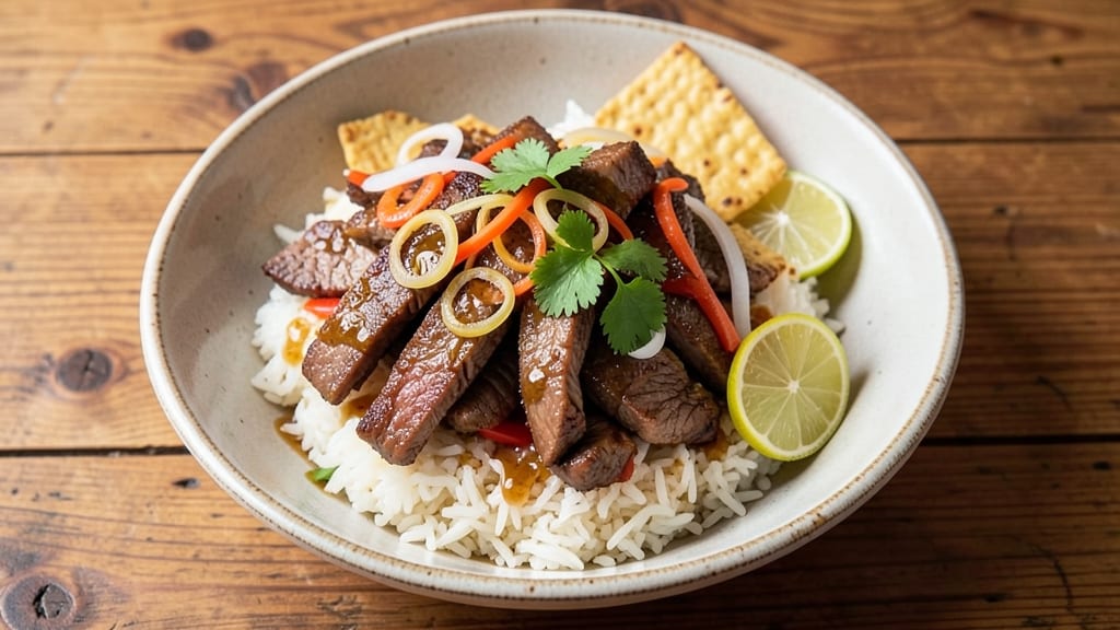 Beef Banh Mi Bowl Recipe: Crispy Tortilla Crowns Over Spicy Pickled Veggie Rivers