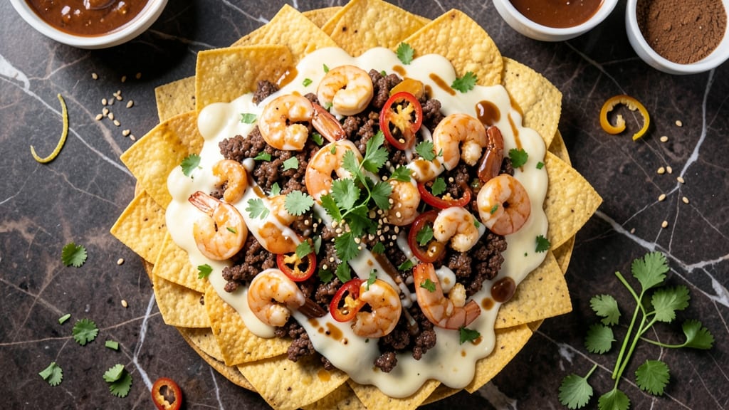 Beef and Shrimp Nachos Recipe: Crispy Tortilla Layers Loaded With Spicy Cheese Rivers
