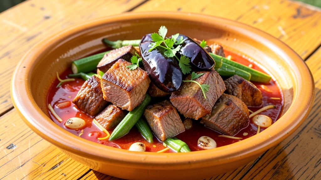 Beef Bamia Recipe: Okra and Eggplant Braise With Spiced Meat
