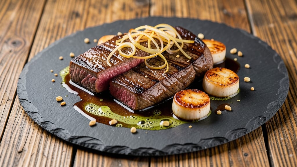 Beef and Scallops Recipe: Seared Umami Crunch With Silky Wine Sauce