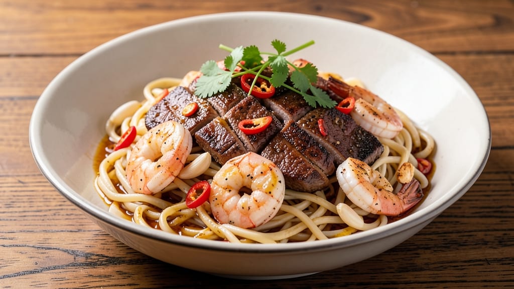 Beef and Shrimp Yakamein Recipe: Wok-Tossed Umami Noodles With Crispy Shrimp
