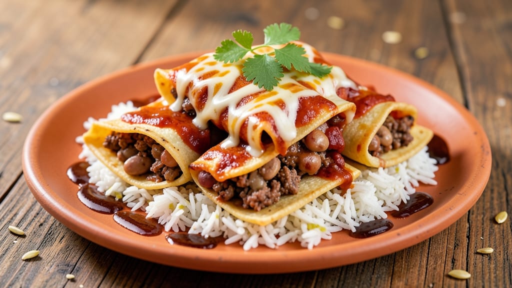 Beef Bean and Rice Enchiladas Recipe: Smoky Tortilla Crowns Over Melty Cheese Rivers