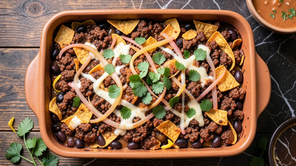 Beef and Bean Taco Casserole Recipe: Crispy Tortilla Crowns Over Smoky Cheese and Spiced Beef Layers