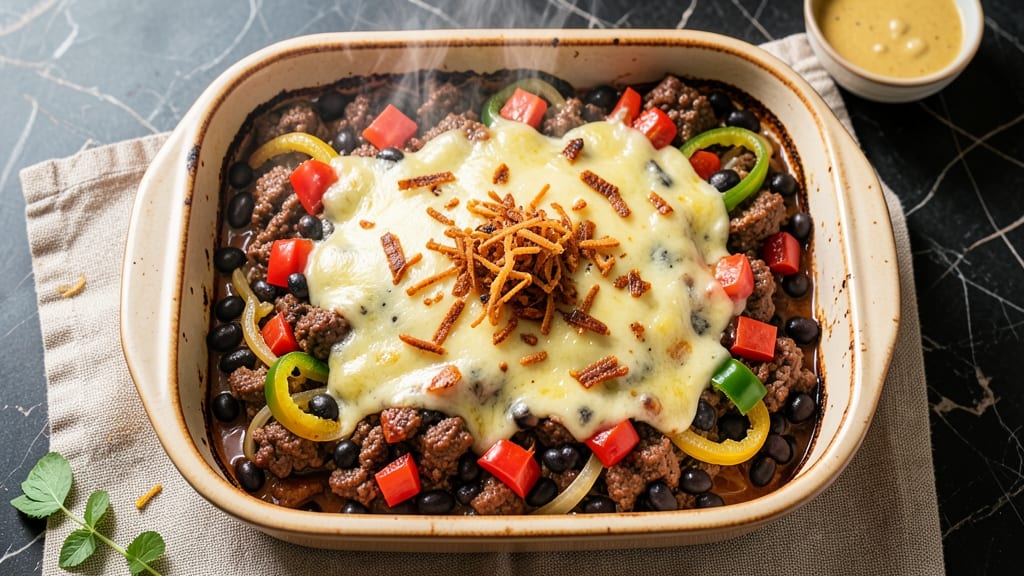 Beef and Black Bean Casserole Recipe: Smoky Tortilla Crowns Over Spiced Cheese Rivers
