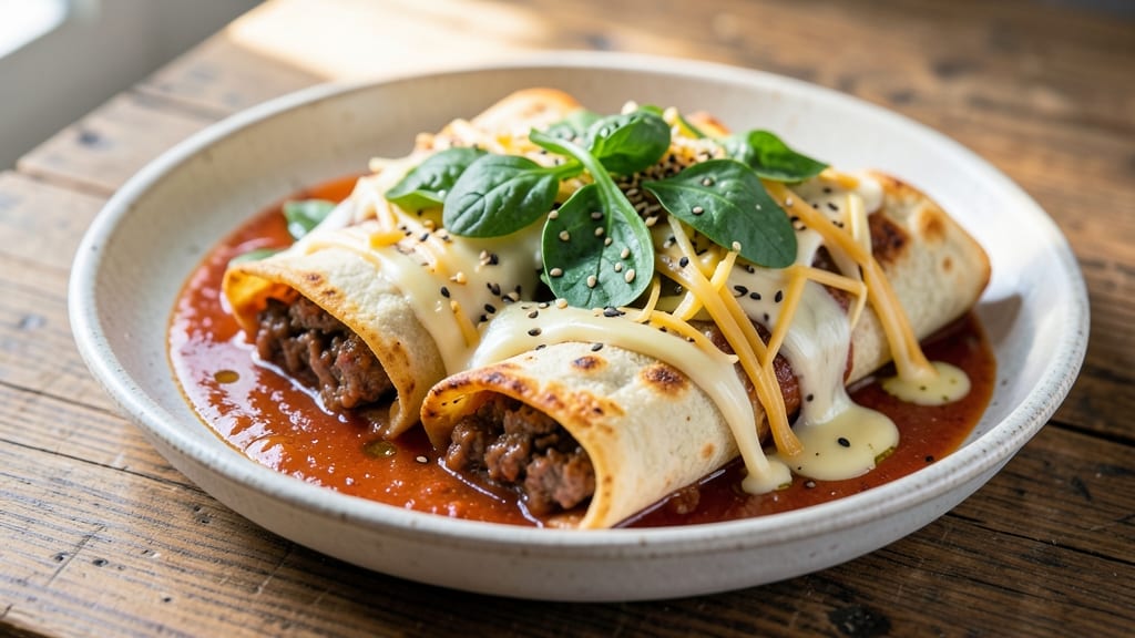Beef and Spinach Enchiladas Recipe: Crispy Tortilla Crowns Over Creamy Cheese Rivers