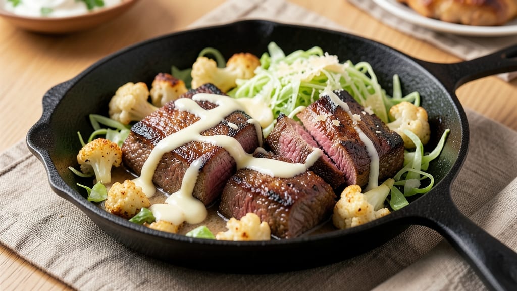 Beef and Cabbage Keto Recipe: Crisp-Topped Cauliflower Mash Bowl