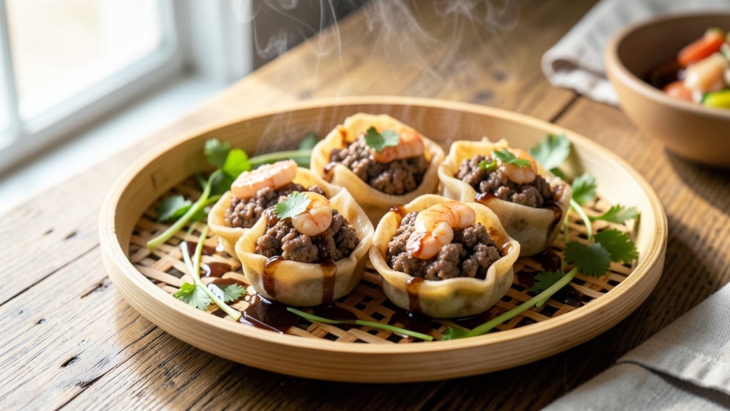 Beef and Shrimp Siomai Recipe: Steamed Dumplings With Juicy Fillings and Herb Garnish