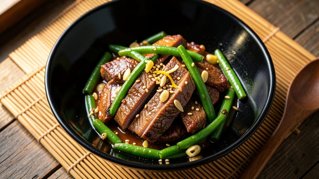 Beef and Green Beans Chinese Recipe: Stir-Fried Sesame Gloss and Crunchy Peas
