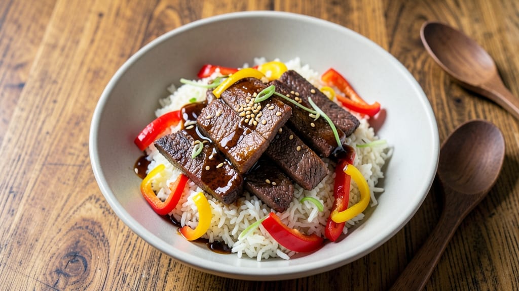Beef and Pepper Rice Bowl With Hoisin Sauce Recipe: Wok-Seared Beef and Crispy Peppers in Sticky Glaze