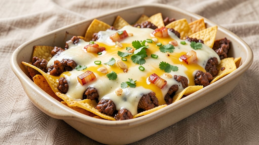 Baked Beef Nachos Recipe: Crispy Tortilla Layers Loaded With Smoky Cheddar