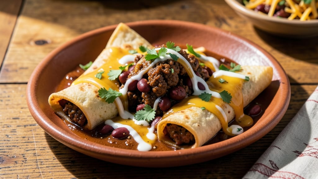 Beef Bean and Cheese Enchilada Recipe: Crispy Tortilla Crowns With Melted Cheese Rivers