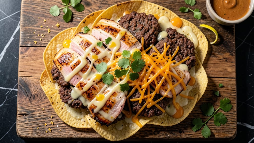 Beef and Chicken Nachos Recipe: Crispy Tortilla Towers Loaded With Melty Cheese Rivers